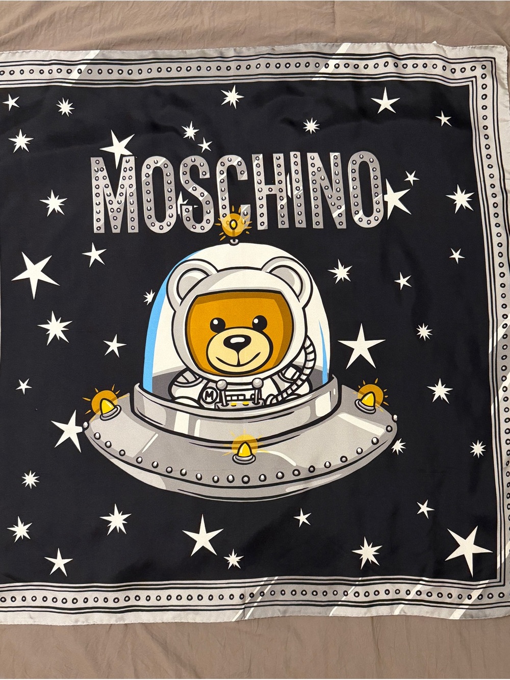 Moschino Black Starry Bear Astronaut Scarf with Yellow Accents